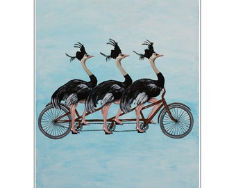 Retro ostriches on bicycle: original birthday gift or vintage wall deco idea.