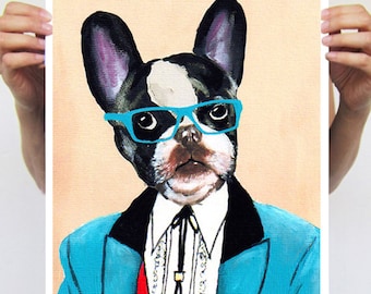 Peinture animalière dessin illustration portrait peinture technique mixte impression numérique POSTER 11 x 16 : Gentleman bouledogue