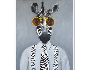 Zèbre avec lunettes de soleil, Imprimée d’art,peinture animaux, art poétique, art animaux, animaux humains, art abordable