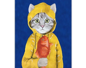 Cat with fish, kitten poster, cat art, cat lovers, kitten print, cat print, happy birtday, cat in the rain, kitty, cat painting