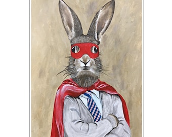 Rabbit hero print, original Bunny idea for wall decoration or birthday gift.