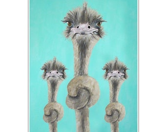 Ostrich print, ostrich art print,knotted ostriches, funny ostriches, ostrich gift, bird art, bird print, bird gift, ostrich deco, bird deco