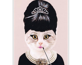 Peinture animalière, portrait, giclée, peinture acrylique, illustration, impression d'art mural, décoration murale, tenture murale : Audrey Hepburn Cat