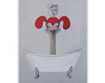 Ostrich in bathtub, ostrich lovers, ostrich art, i love you, happy birtday, Holiday Gift, Christmas Print, Coco de Paris