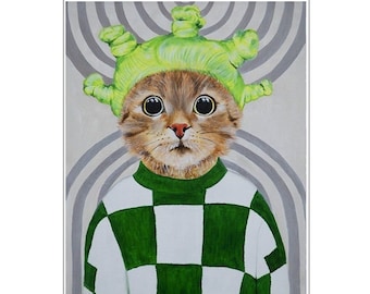 Retro Cat, kitten poster, cat art, cat lovers, kitten print, cat print, happy birtday, kitty, cat painting