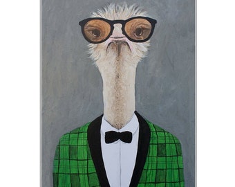 Ostrich vintage man, fashion icon: original birthday gift or vintage wall deco idea.