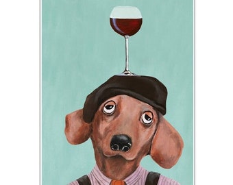 Dachshund with wineglass, Dachshund Illustration Art Poster Acrylic Painting Kids Decor Drawing Gift, Dog with wineglass