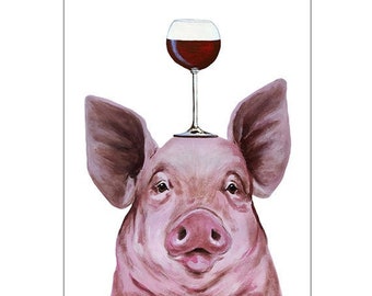 Pig with wineglass original Pig print for wall decoration or birthday gift.