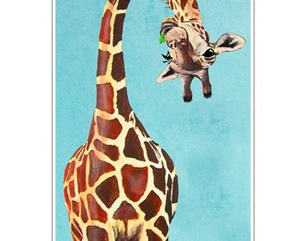 Girafe avec feuilles vertes : impression d'art, affiche A3 Illustration, impression giclée, art mural, tenture murale, décoration murale, peinture animalière, art numérique