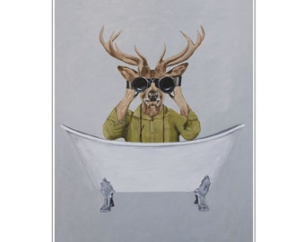 Deer hunter in bathtub, deer lovers,deer art, i deerly love you, happy birtday, Holiday Gift, Christmas Print, Coco de Paris