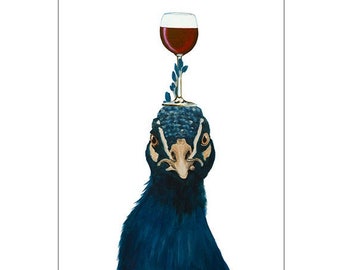 Peacock with wineglass original Peacock print for wall decoration or birthday gift.
