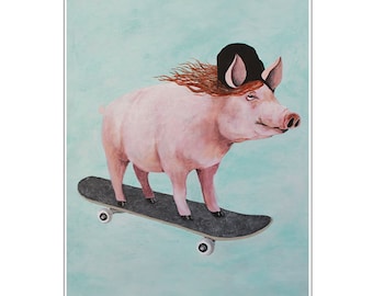 Cochon avec skateboard, Imprimée d’art,peinture animaux, art poétique, art animaux, animaux humains, art abordable