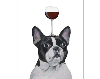 Bouledogue avec verre de vin, Imprimée d’art,peinture animaux, art poétique, art animaux, animaux humains, art abordable