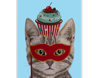 Cat with cupcake original Cat print for wall decoration or birthday gift.