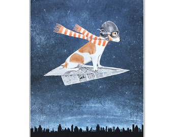 Jack Russell flying on paper plane, original Jack Russell Terrier print for wall decoration or birthday gift.