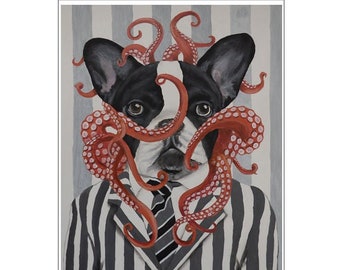 Frenchie with octopus Print, frenchie,Animal painting portrait painting  Giclee Print Acrylic Painting Illustration