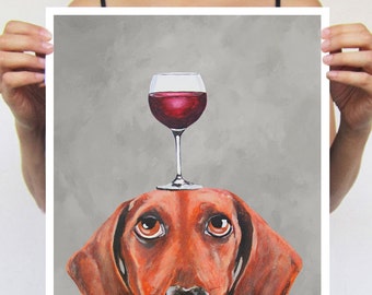 Dachshund Poster : Art Print A3 Illustration Giclee Print Wall art Wall Hanging Animal Painting Digital Art, Dachshund with wineglass