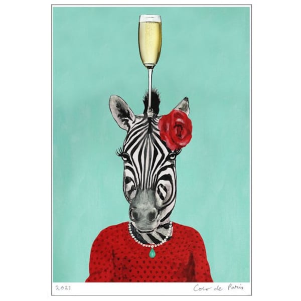 Zebra with champagne glass, wine Illustration Art Poster Acrylic Painting Kids Decor Drawing Gift, quail art