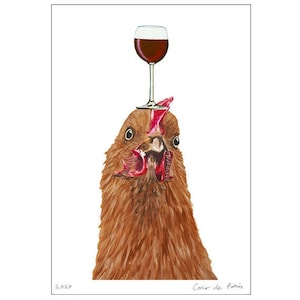 Hen with wineglass original chicken print for wall decoration or birthday gift.