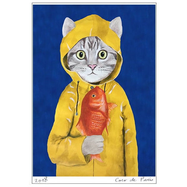 Cat with fish, kitten poster, cat art, cat lovers, kitten print, cat print, happy birtday, cat in the rain, kitty, cat painting