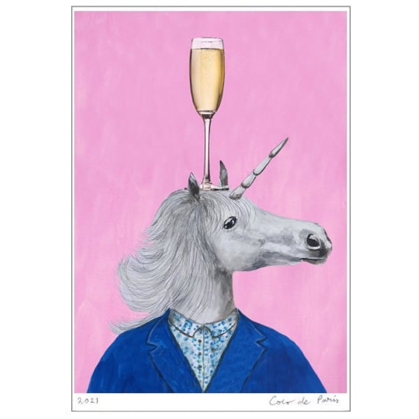 Unicorn with champagne glass, wine Illustration Art Poster Acrylic Painting Kids Decor Drawing Gift, unicorn art