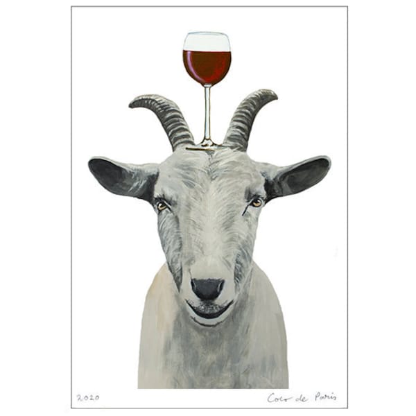 Chèvre avec verre de vin , Imprimée d’art,peinture animaux, art poétique, art animaux, animaux humains, art abordable