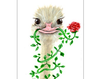 Ostrich with flower, Ostrich print,valentines, flowers, rose, Art Poster Acrylic Painting Kids Decor Drawing Gift