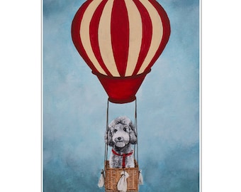 Poodle with airballoon, original Pug print for wall decoration or birthday gift.