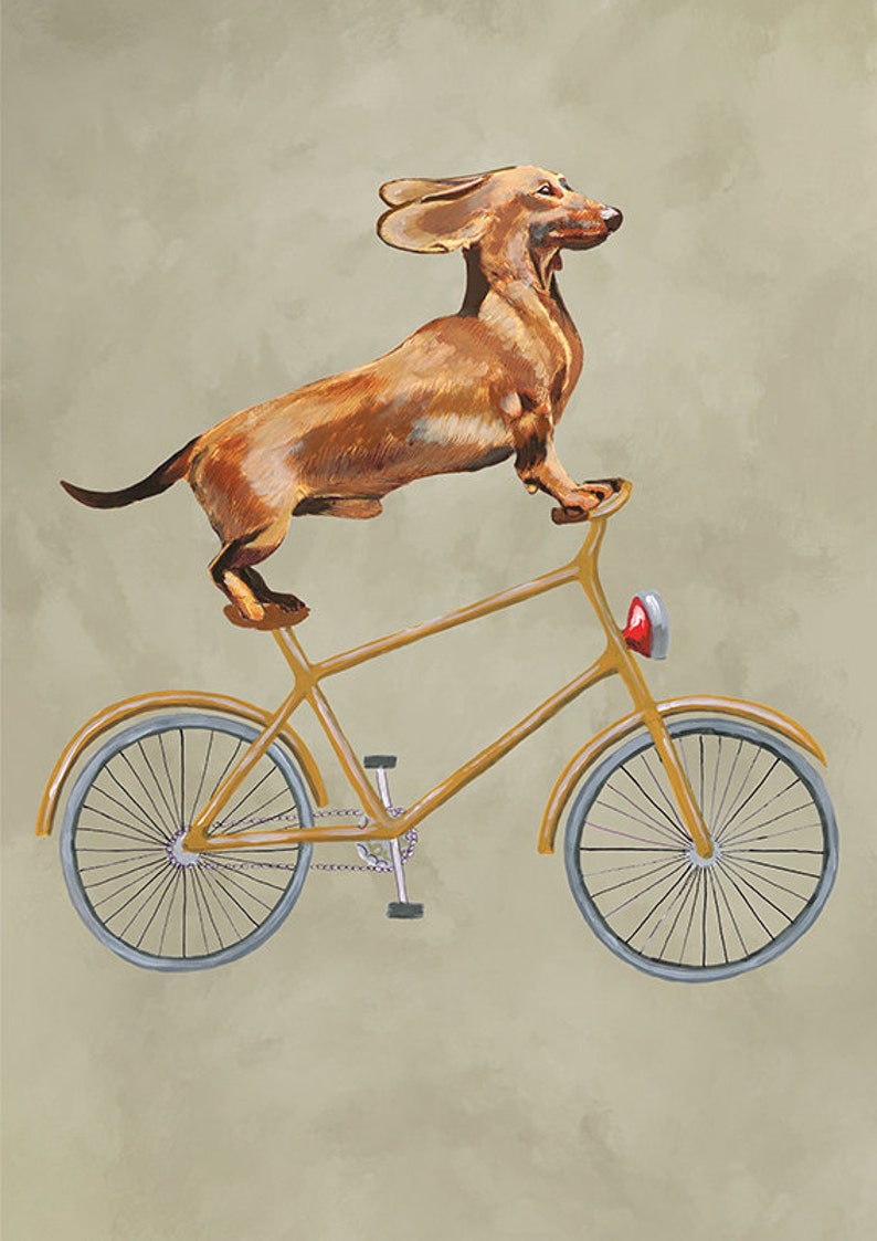 Impression de teckel, teckel, peinture acrylique pour enfants décor dessin cadeau, chien à vélo, impression de vélo, joyeux tout, cadeau de Noël image 3