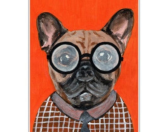 Clever Bulldog Print, frenchie,Animal painting portrait painting  Giclee Print Acrylic Painting Illustration
