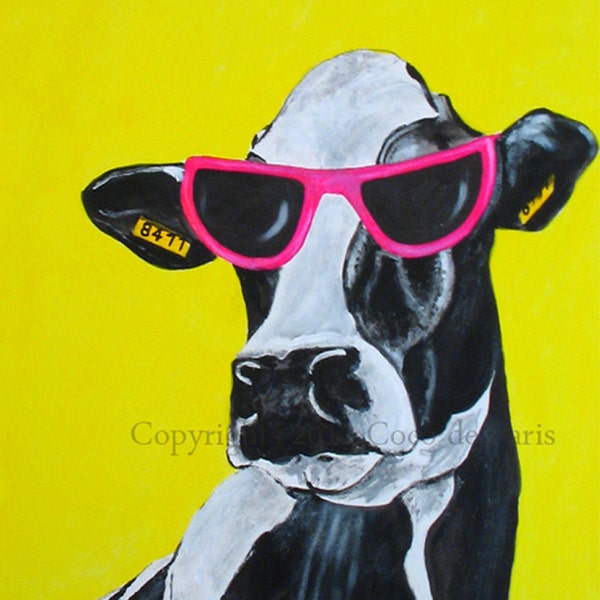 Print Illustration Art Poster Acrylic Painting Kids Decor Drawing Gift : Jetset cow goes Hollywood