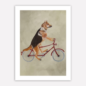 German Shepherd Print, shepherd Illustration Art Poster Acrylic Painting Kids Decor Drawing Gift, Dog on bicycle, bicycle print
