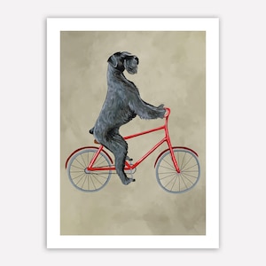 Giant Schnauzer Print, schnauzer Illustration Art Poster Acrylic Painting Kids Decor Drawing Gift, Dog on bicycle, bicycle print