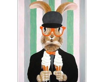 Rabbit Art Print, Rabbit Artwork, Rabbit Bunny Print, Rabbit Art, Bunny Print, Rabbit Wall Art, 8x10, Wall Decor, Rabbit with ice-creams