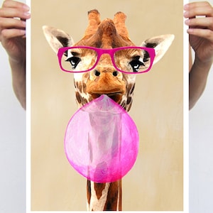 Giraffe with bubblegum : Art Print Poster A3 Illustration Giclee Print Wall art Wall Hanging Wall Decor Animal Painting Digital Art Coco