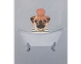 Pug with octopus in bathtub, pug lovers, octopus art, i love you, happy birtday, Holiday Gift, Christmas Print, Coco de Paris