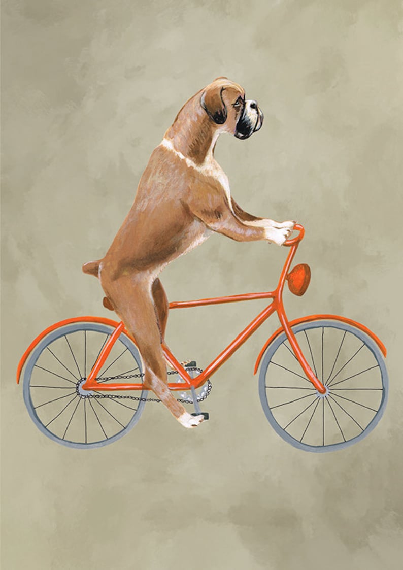 Woodland Boxer Print, Boxer Illustration Art Poster Acrylic Painting Kids Decor Drawing Gift, Dog on bicycle, bicycle print, boxer dog image 3