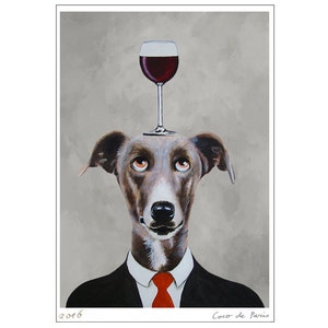 Greyhound Print, Greyhound Illustration Art Poster Acrylic Painting Kids Decor Drawing Gift, Dog with wineglass image 1