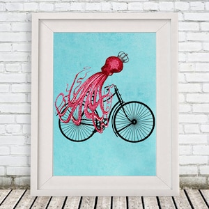 Fantasy Octopus Print, Animal painting, Giclee Print Acrylic Painting Illustration wall decor Wall Hanging: octopus on bicycle image 1