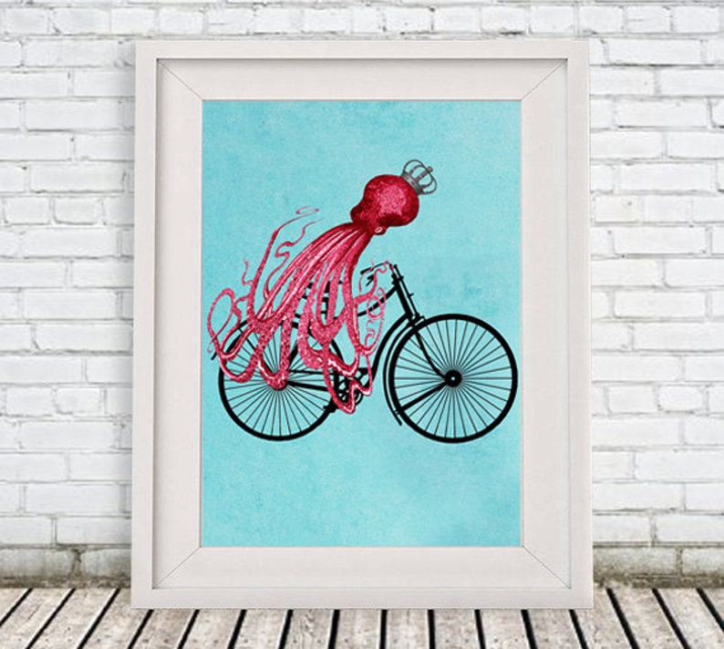 Fantasy Octopus Print, Animal painting, Giclee Print Acrylic Painting Illustration wall decor Wall Hanging: octopus on bicycle image 1