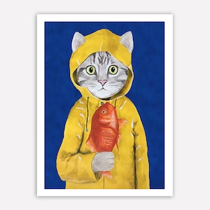Chat avec poisson, Imprimée d’art,peinture animaux, art poétique, art animaux, animaux humains, art abordable