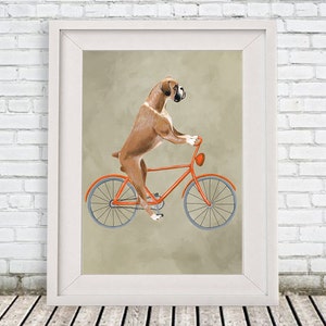 Woodland Boxer Print, Boxer Illustration Art Poster Acrylic Painting Kids Decor Drawing Gift, Dog on bicycle, bicycle print, boxer dog image 1