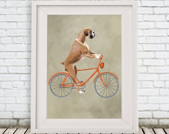 Woodland Boxer Print, Boxer Illustration Art Poster Acrylic Painting Kids Decor Drawing Gift, Dog on bicycle, bicycle print, boxer dog