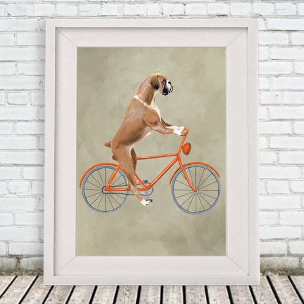 Woodland Boxer Print, Boxer Illustration Art Poster Acrylic Painting Kids Decor Drawing Gift, Dog on bicycle, bicycle print, boxer dog