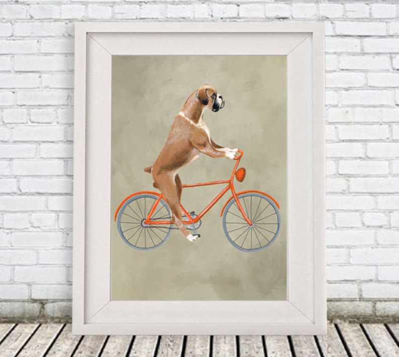 Woodland Boxer Print, Boxer Illustration Art Poster Acrylic Painting Kids Decor Drawing Gift, Dog on bicycle, bicycle print, boxer dog image 1