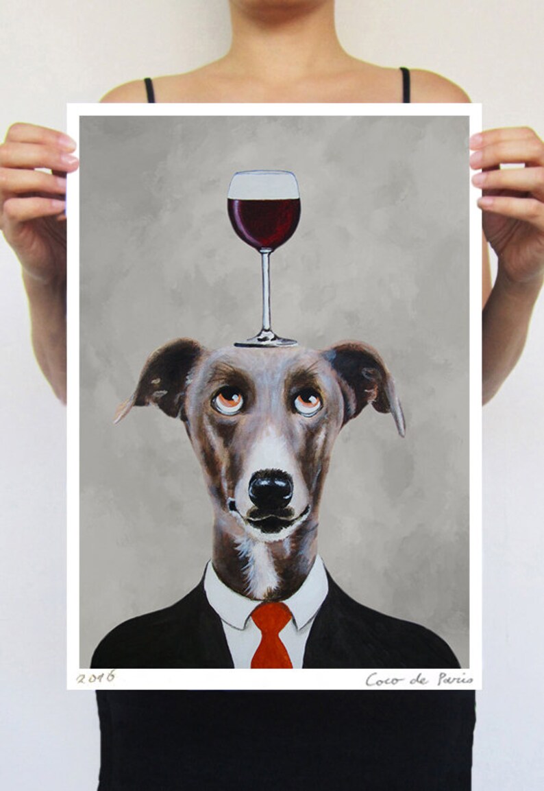 Greyhound Print, Greyhound Illustration Art Poster Acrylic Painting Kids Decor Drawing Gift, Dog with wineglass image 2