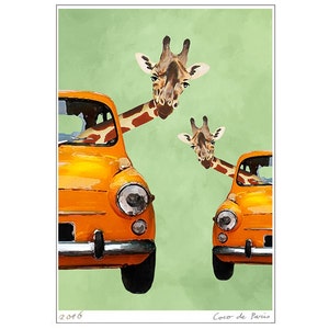 Funny Giraffe Print, Giraffe illustration, Acrylic Painting, Animal Painting, giraffe decor, giraffe motif, giraffe in car, Coco de Paris
