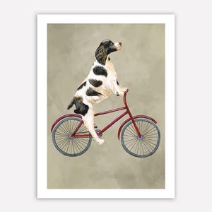 English Springer Print, Springer Painting, Art Poster Acrylic Painting Kids Decor Drawing Gift, Dog on bicycle, bicycle print