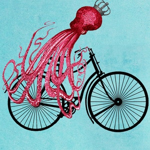 Fantasy Octopus Print, Animal painting, Giclee Print Acrylic Painting Illustration wall decor Wall Hanging: octopus on bicycle image 3