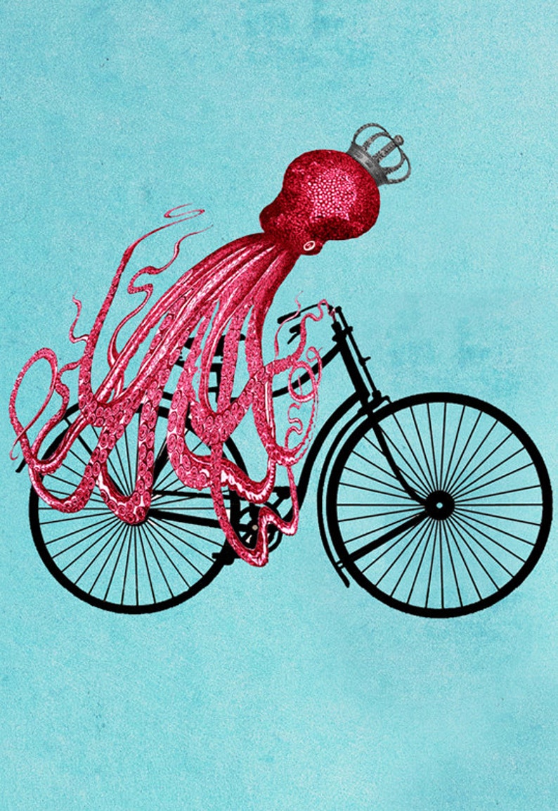 Fantasy Octopus Print, Animal painting, Giclee Print Acrylic Painting Illustration wall decor Wall Hanging: octopus on bicycle image 3